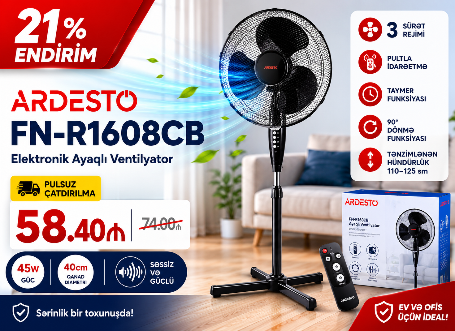 Ardesto FN-R1608CB Elektronik Ayaqlı Ventilyator